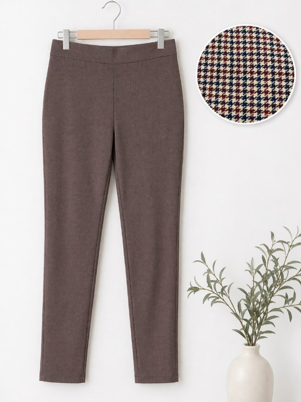 DKNY Slim Ankle Pants Womens L Brown Micro Houndstooth Stretch Office Chic